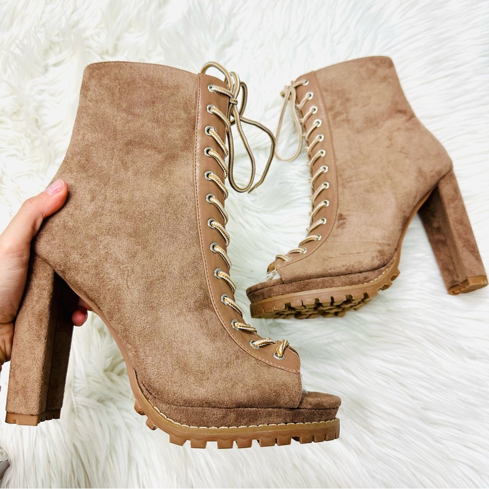 Taupe suede lace up platform bootie